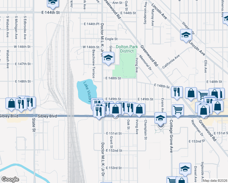 map of restaurants, bars, coffee shops, grocery stores, and more near 14833 Grant Street in Dolton