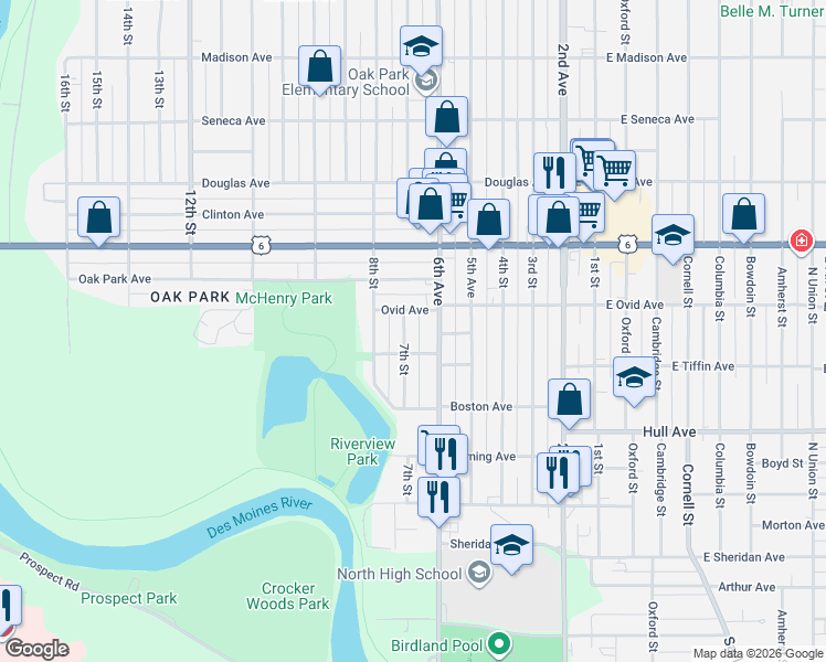 map of restaurants, bars, coffee shops, grocery stores, and more near 3215 7th Street in Des Moines