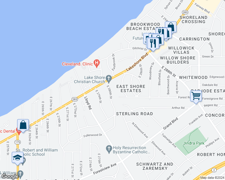 map of restaurants, bars, coffee shops, grocery stores, and more near 251 East 280th Street in Euclid