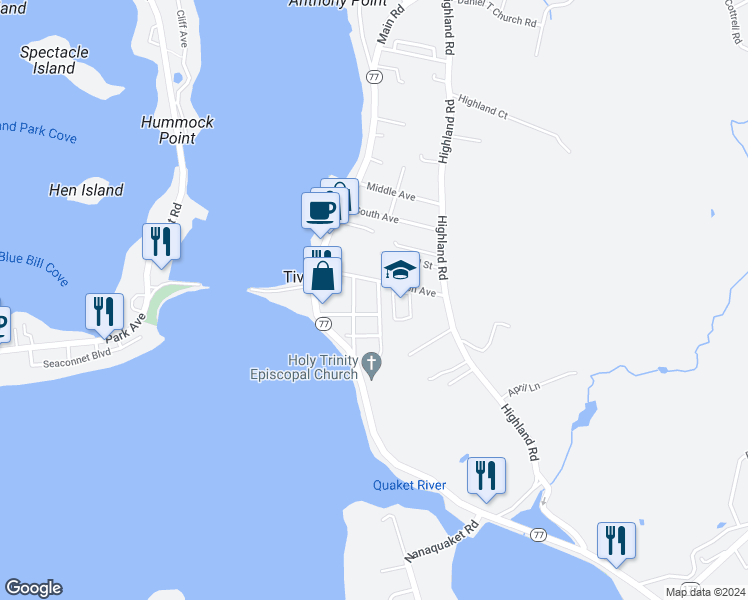 map of restaurants, bars, coffee shops, grocery stores, and more near 21 Summit Avenue in Tiverton