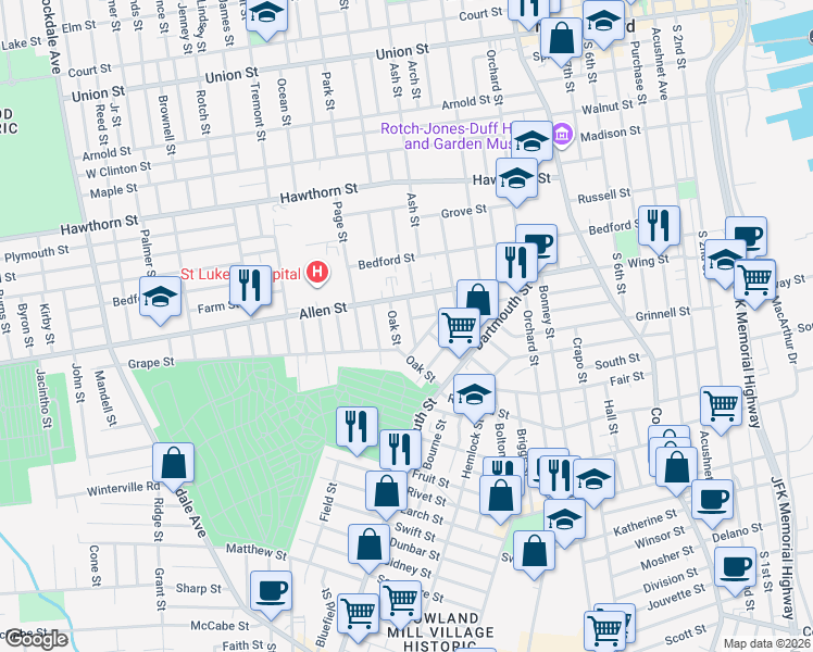 map of restaurants, bars, coffee shops, grocery stores, and more near 76 Oak Street in New Bedford