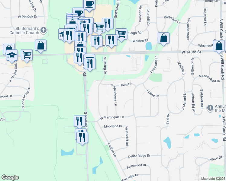 map of restaurants, bars, coffee shops, grocery stores, and more near 14522 South Appaloosa Lane in Homer Glen