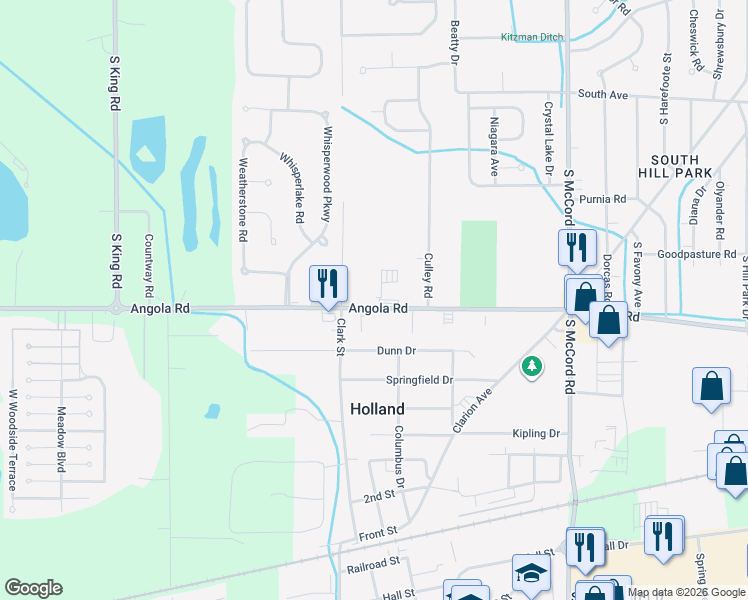 map of restaurants, bars, coffee shops, grocery stores, and more near 7130 Angola Rd in Holland