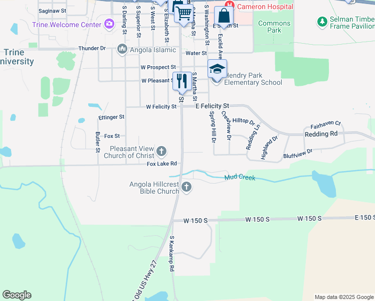 map of restaurants, bars, coffee shops, grocery stores, and more near 1027 South Wayne Street in Angola