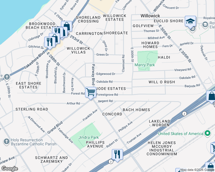 map of restaurants, bars, coffee shops, grocery stores, and more near 29034 Barjode Road in Willowick