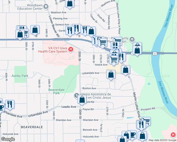 map of restaurants, bars, coffee shops, grocery stores, and more near 2809 Urbandale Avenue in Des Moines