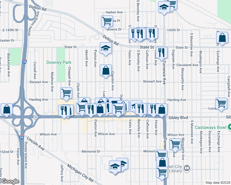 map of restaurants, bars, coffee shops, grocery stores, and more near 401 Crandon Avenue in Calumet City