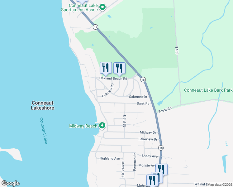 map of restaurants, bars, coffee shops, grocery stores, and more near 11938 Oakmont Drive in Conneaut Lake