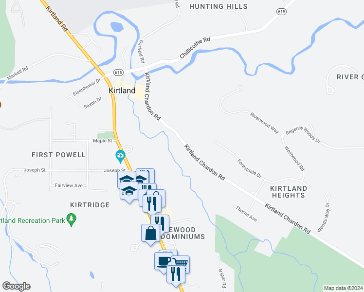 map of restaurants, bars, coffee shops, grocery stores, and more near 7900 Kirtland Chardon Road in Willoughby