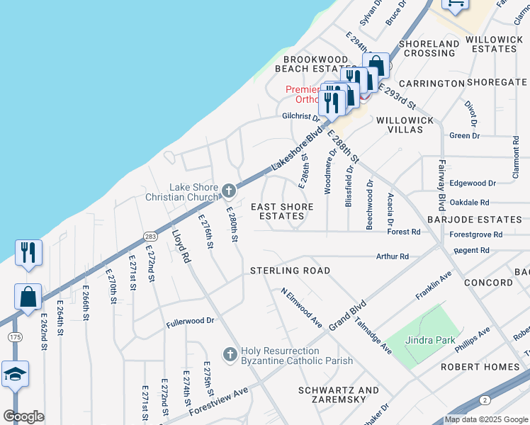 map of restaurants, bars, coffee shops, grocery stores, and more near 309 East 284th Street in Willowick
