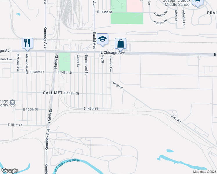map of restaurants, bars, coffee shops, grocery stores, and more near 4851 Ivy St in East Chicago