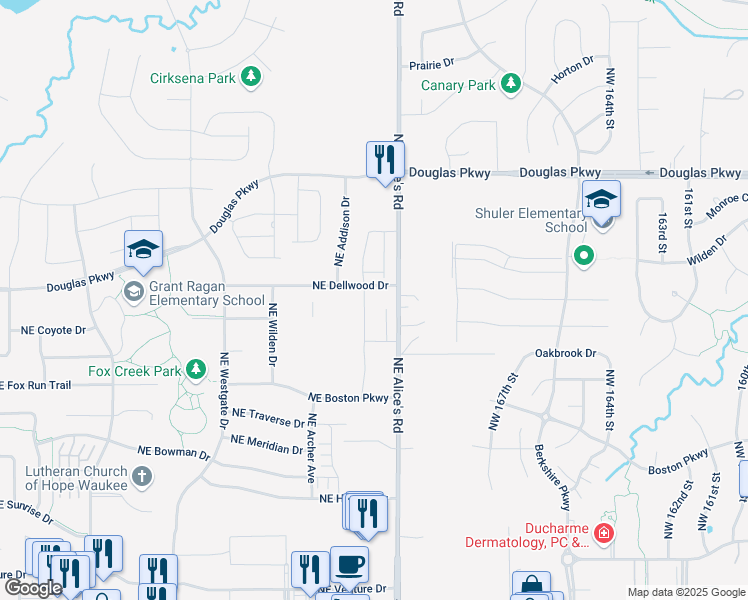 map of restaurants, bars, coffee shops, grocery stores, and more near 714 Southeast Alice's Road in Waukee