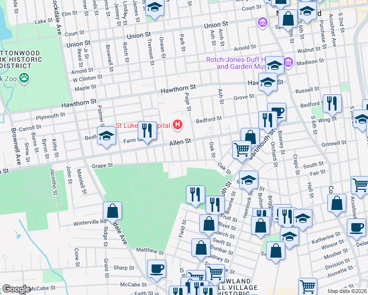 map of restaurants, bars, coffee shops, grocery stores, and more near 256 Field Street in New Bedford