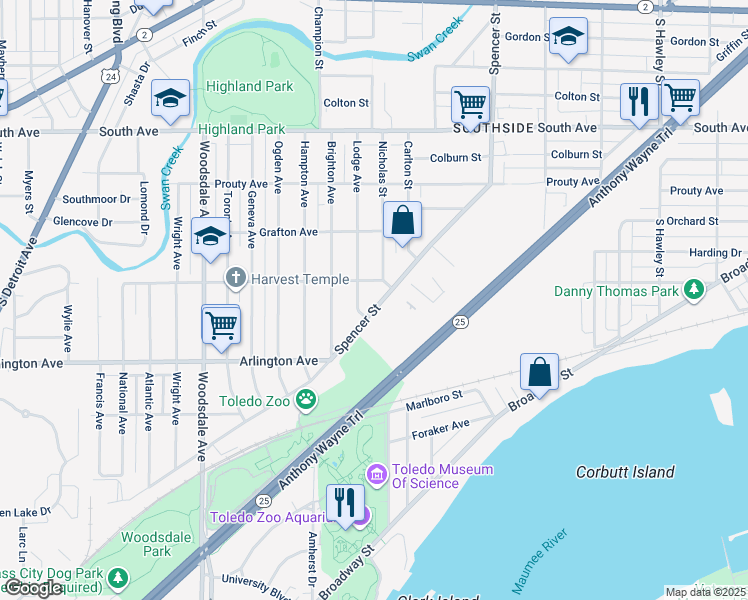 map of restaurants, bars, coffee shops, grocery stores, and more near 834 Spencer Street in Toledo