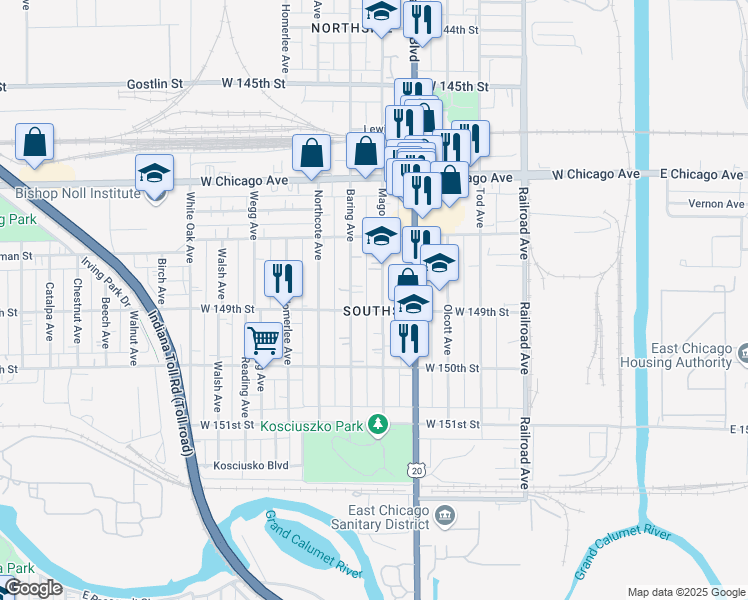 map of restaurants, bars, coffee shops, grocery stores, and more near in East Chicago