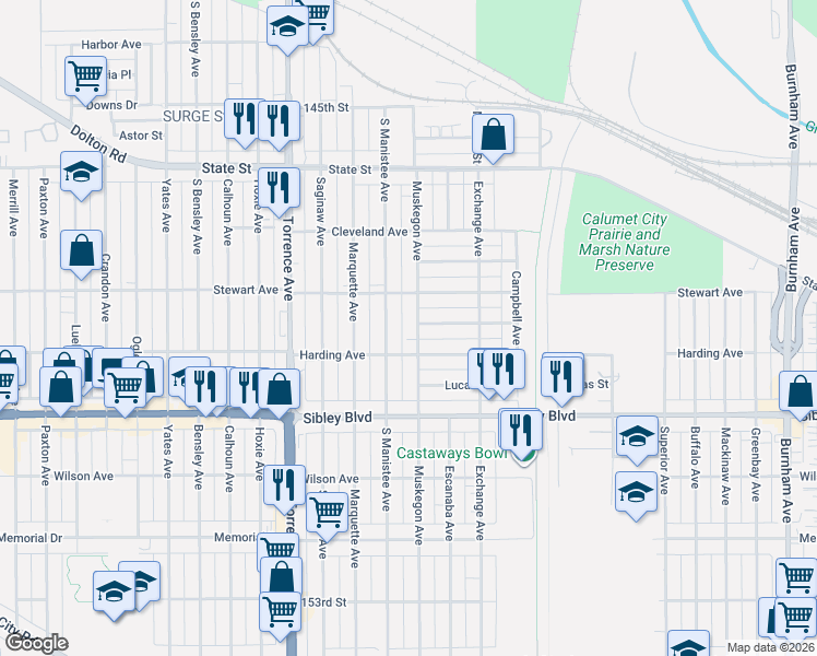 map of restaurants, bars, coffee shops, grocery stores, and more near 407 South Manistee Avenue in Calumet City