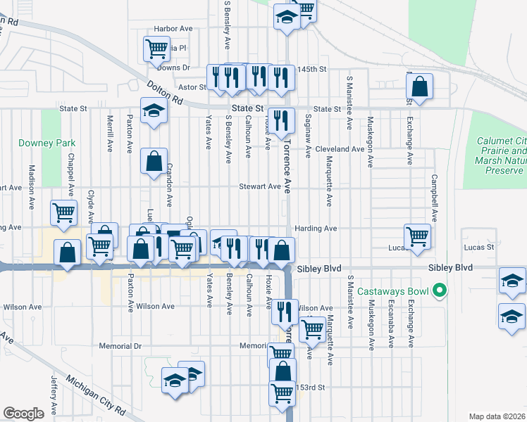 map of restaurants, bars, coffee shops, grocery stores, and more near 411 Calhoun Avenue in Calumet City