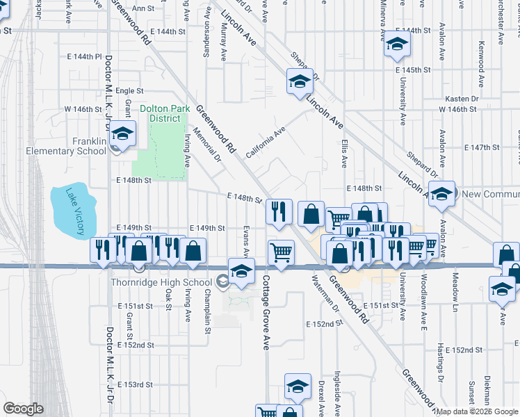 map of restaurants, bars, coffee shops, grocery stores, and more near 14829 Evans Avenue in Dolton