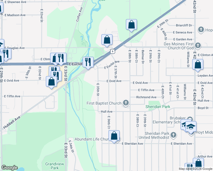 map of restaurants, bars, coffee shops, grocery stores, and more near 3217 East 35th Street in Des Moines