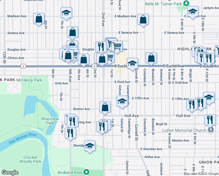 map of restaurants, bars, coffee shops, grocery stores, and more near 3223 2nd Avenue in Des Moines