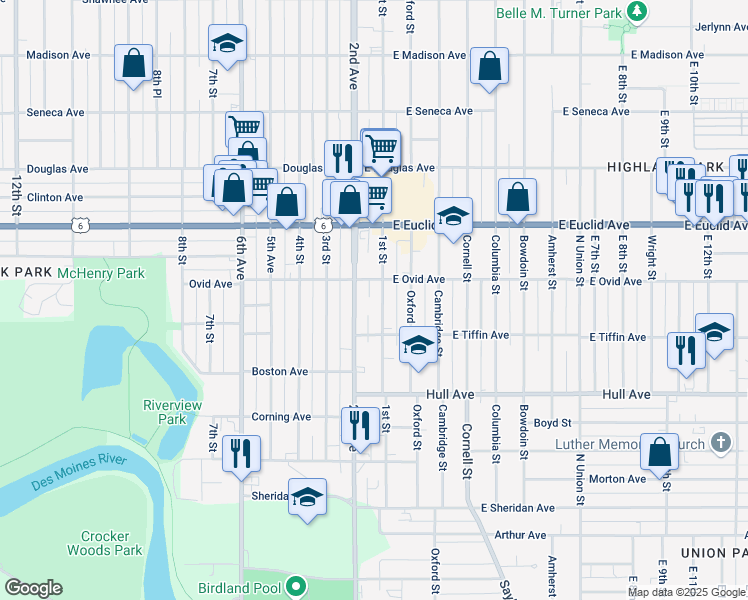 map of restaurants, bars, coffee shops, grocery stores, and more near 3223 2nd Avenue in Des Moines