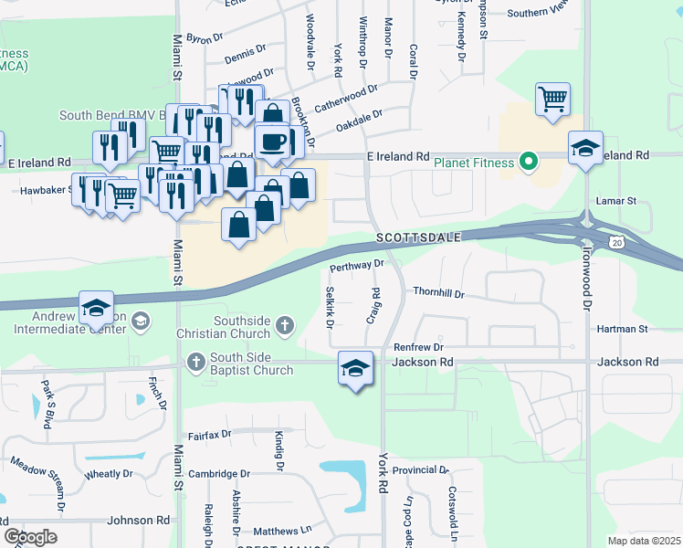 map of restaurants, bars, coffee shops, grocery stores, and more near 4814 Selkirk Drive in South Bend