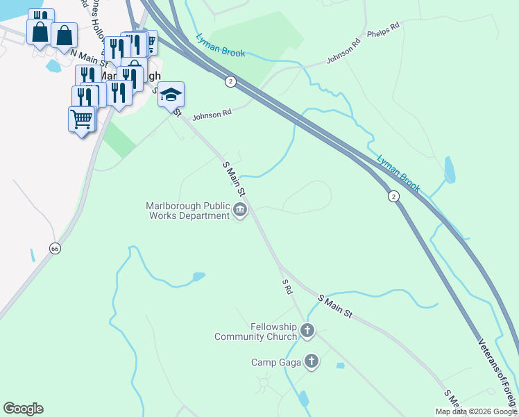 map of restaurants, bars, coffee shops, grocery stores, and more near 71 High Meadow Road in Marlborough