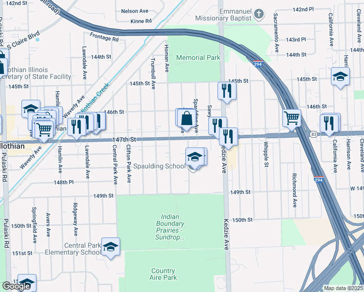 map of restaurants, bars, coffee shops, grocery stores, and more near 3333 147th Street in Midlothian