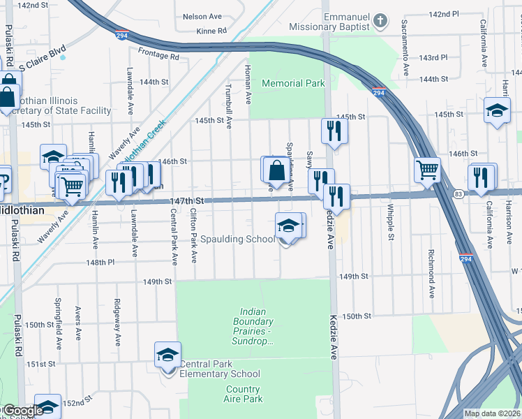 map of restaurants, bars, coffee shops, grocery stores, and more near 3347 147th Street in Midlothian