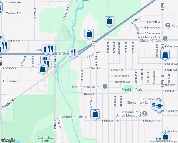 map of restaurants, bars, coffee shops, grocery stores, and more near 3217 East 35th Street in Des Moines