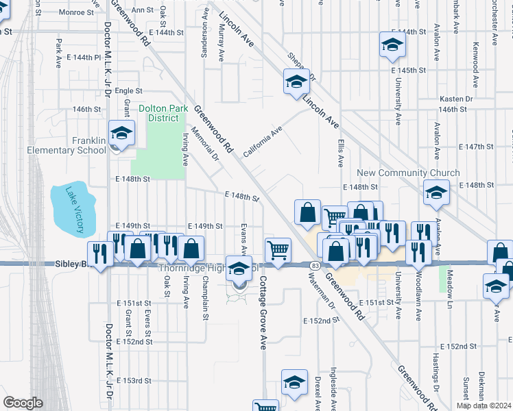 map of restaurants, bars, coffee shops, grocery stores, and more near 14829 Evans Avenue in Dolton