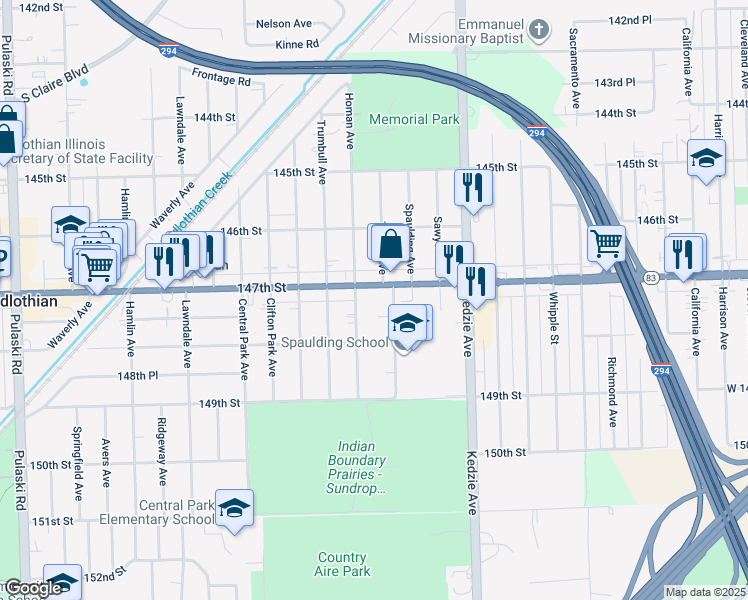 map of restaurants, bars, coffee shops, grocery stores, and more near 3341 147th Street in Midlothian
