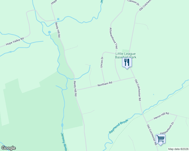 map of restaurants, bars, coffee shops, grocery stores, and more near 16 Mohegan Lane in Hebron