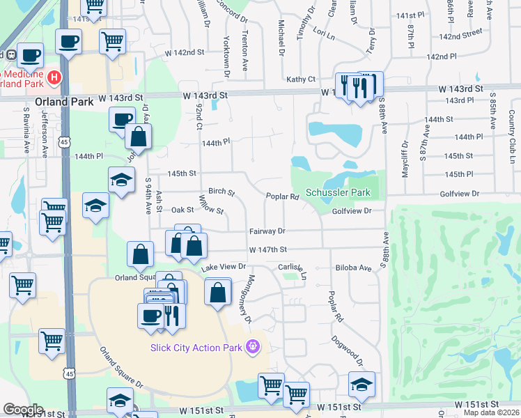 map of restaurants, bars, coffee shops, grocery stores, and more near 14602 Beech Street in Orland Park