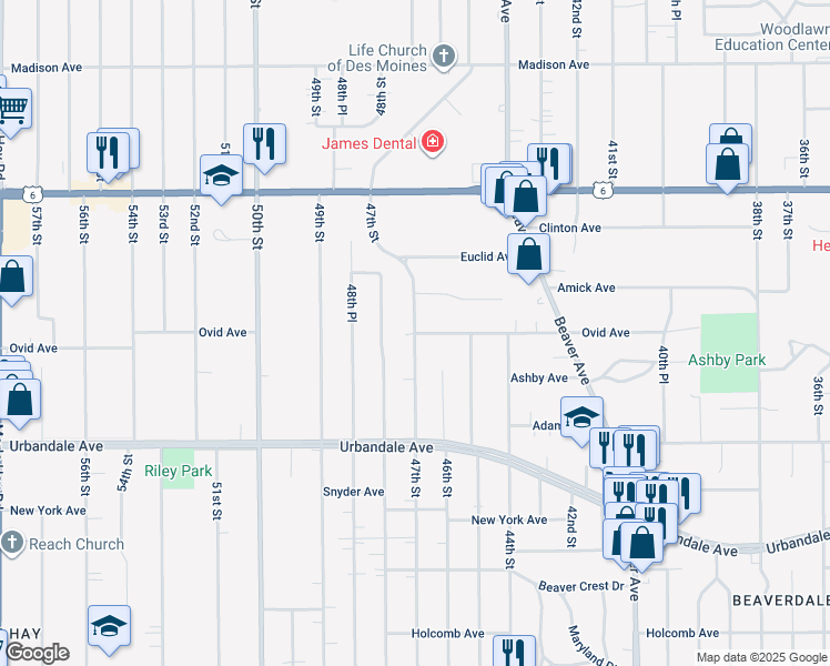 map of restaurants, bars, coffee shops, grocery stores, and more near Ovid Avenue in Des Moines