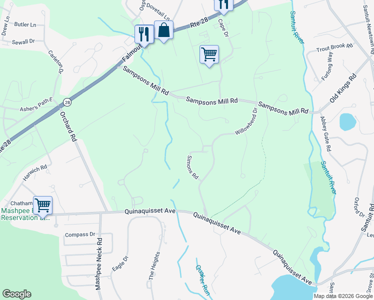 map of restaurants, bars, coffee shops, grocery stores, and more near 110 Willowbend Drive in Mashpee