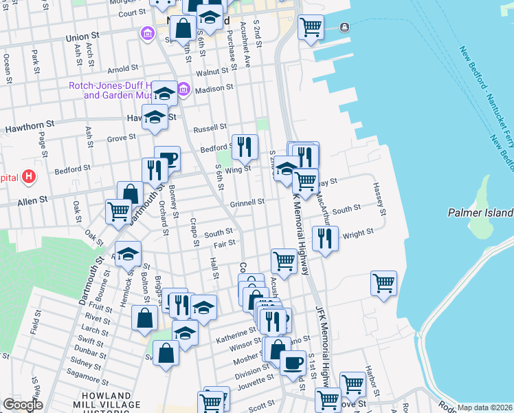 map of restaurants, bars, coffee shops, grocery stores, and more near 267 Purchase Street in New Bedford