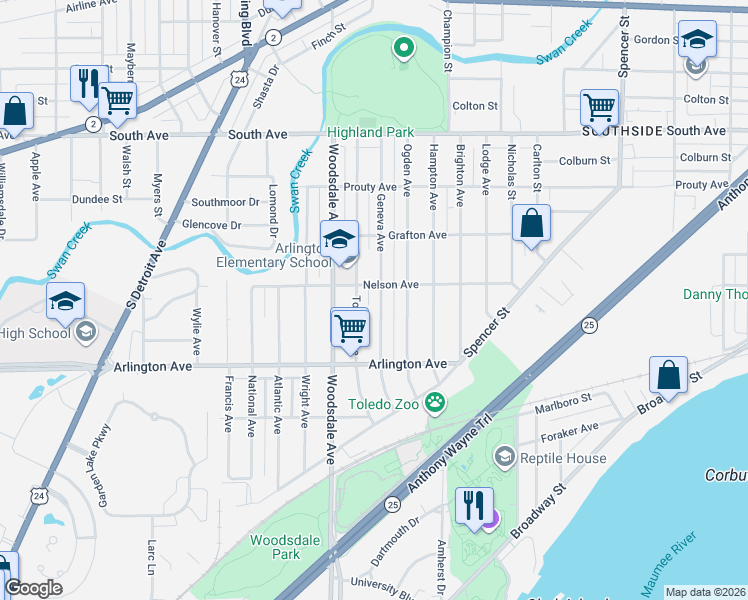 map of restaurants, bars, coffee shops, grocery stores, and more near 829 Geneva Avenue in Toledo