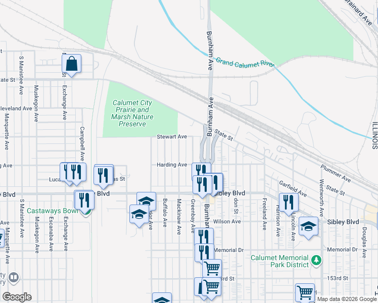 map of restaurants, bars, coffee shops, grocery stores, and more near 413 Mackinaw Avenue in Calumet City