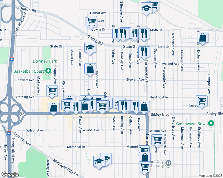 map of restaurants, bars, coffee shops, grocery stores, and more near 410 Yates Avenue in Calumet City