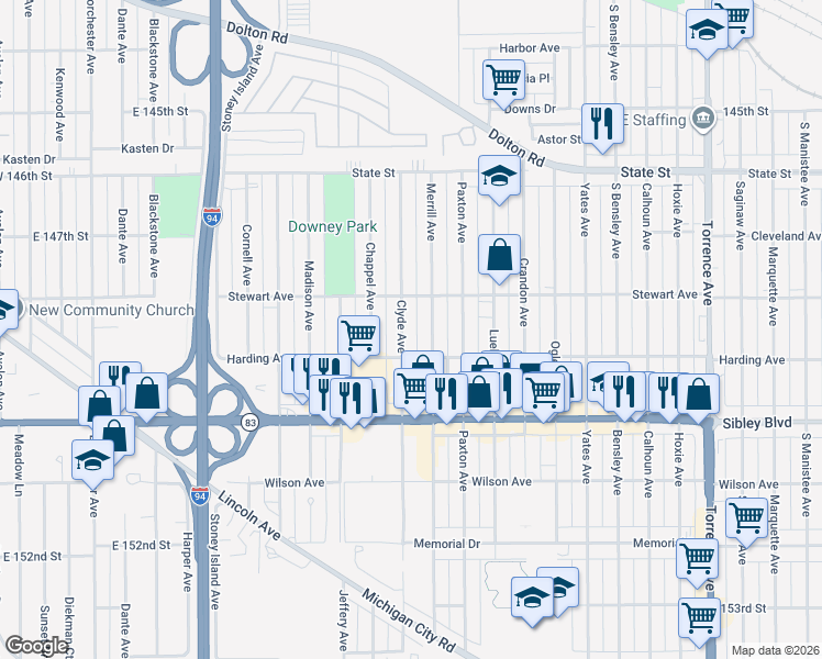 map of restaurants, bars, coffee shops, grocery stores, and more near 408 Clyde Avenue in Calumet City