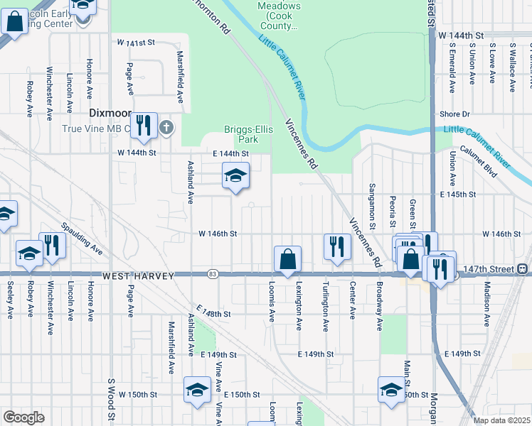 map of restaurants, bars, coffee shops, grocery stores, and more near 14535 Loomis Avenue in Harvey