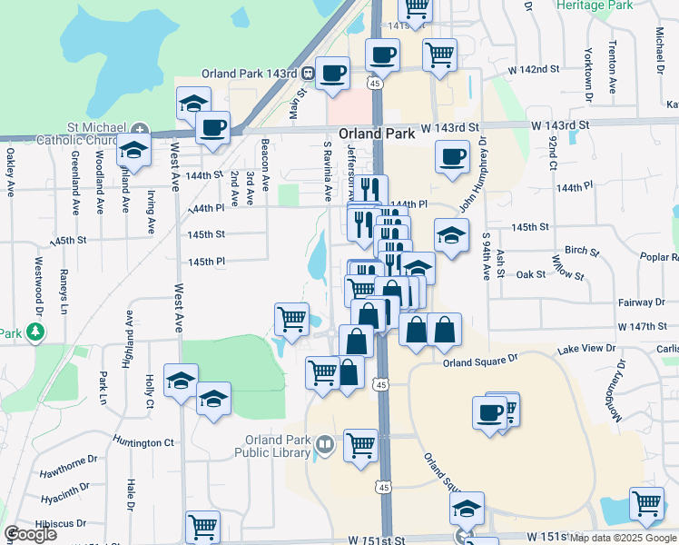 map of restaurants, bars, coffee shops, grocery stores, and more near 14600 South La Grange Road in Orland Park