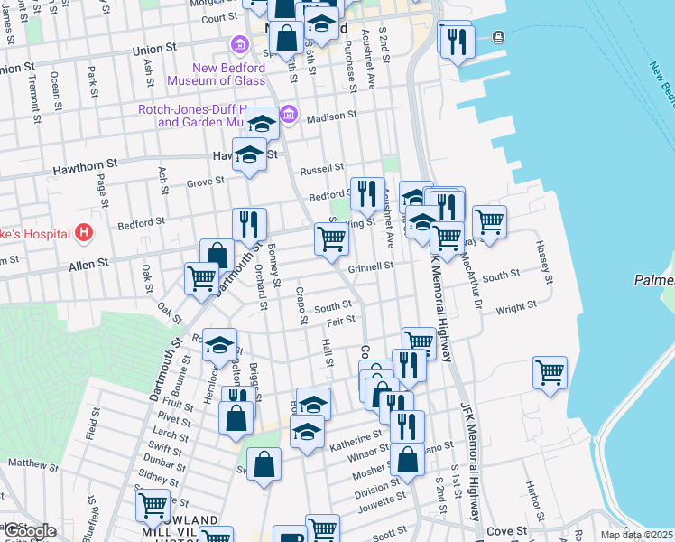 map of restaurants, bars, coffee shops, grocery stores, and more near 146 Grinnell Street in New Bedford