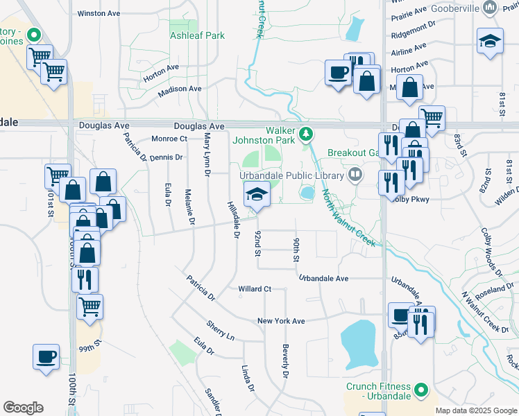 map of restaurants, bars, coffee shops, grocery stores, and more near 3399 92nd Street in Urbandale