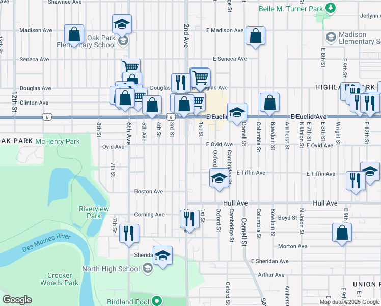 map of restaurants, bars, coffee shops, grocery stores, and more near 3311 2nd Avenue in Des Moines