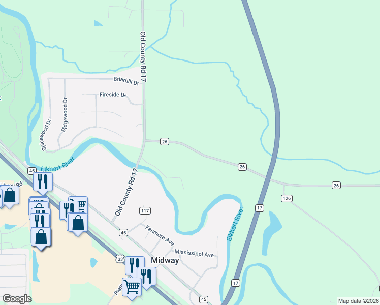 map of restaurants, bars, coffee shops, grocery stores, and more near 22030 County Road 26 in Goshen