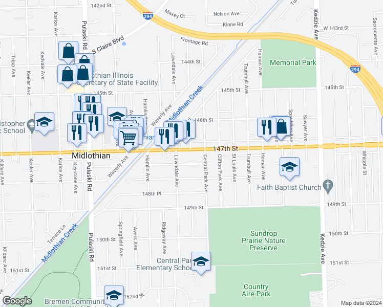 map of restaurants, bars, coffee shops, grocery stores, and more near 3625 147th Street in Midlothian