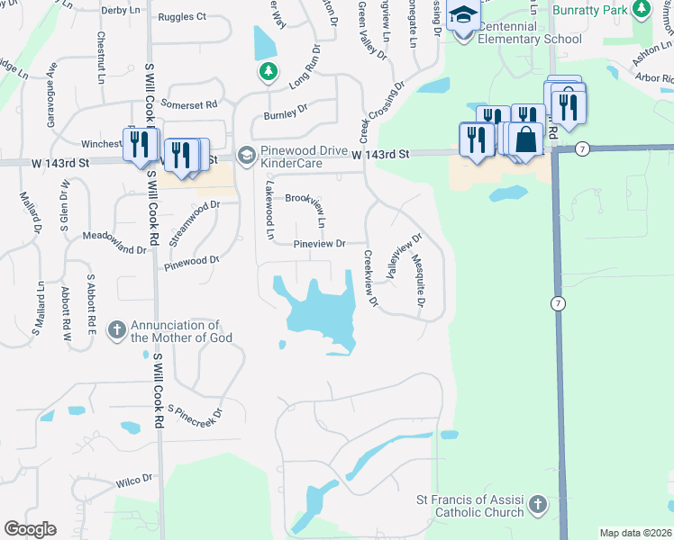 map of restaurants, bars, coffee shops, grocery stores, and more near 14530 Waters Edge Trail in Orland Park