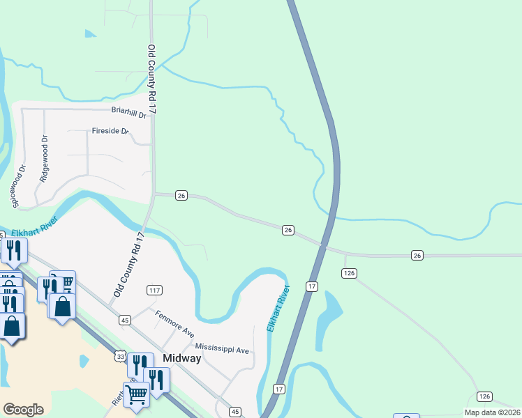 map of restaurants, bars, coffee shops, grocery stores, and more near County Road 26 in Goshen